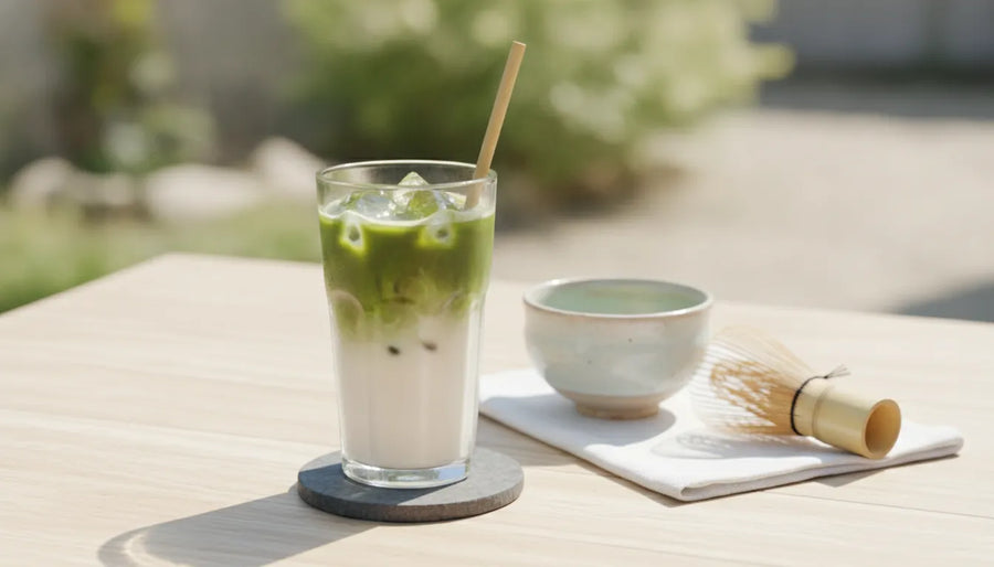 Iced matcha latte in a glass with bamboo whisk and ceramic cup on wooden table