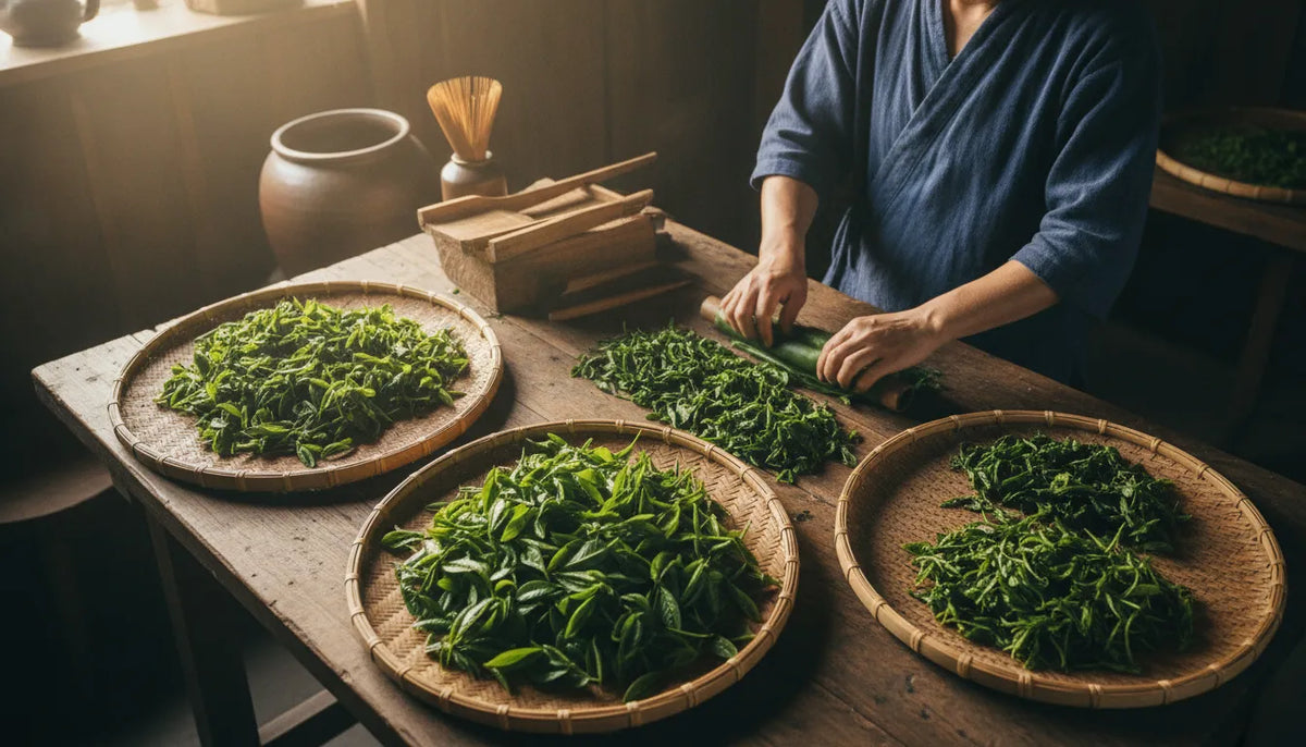 Fresh Japanese tea leaves moving through traditional green tea processing