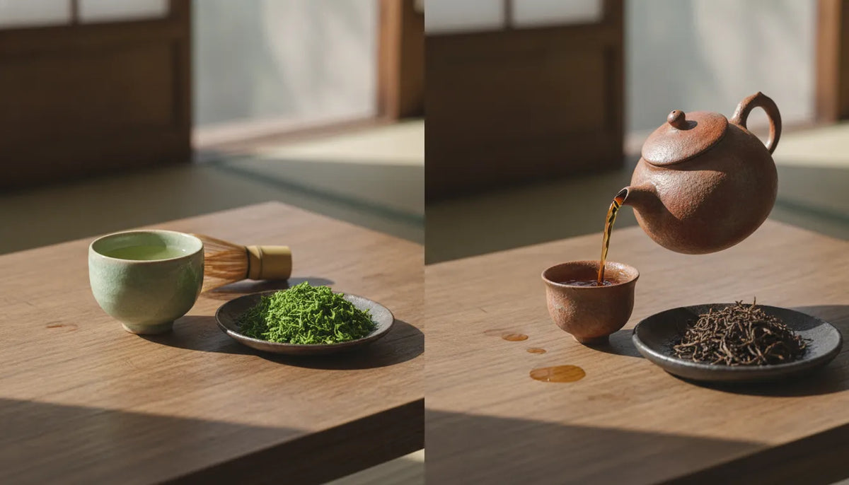 Japanese green tea and oolong tea prepared side by side for comparison