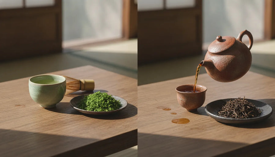 Japanese green tea and oolong tea prepared side by side for comparison