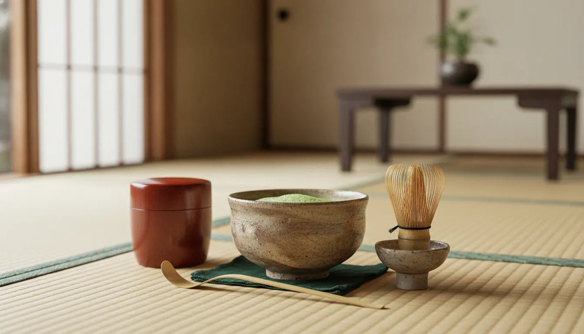 Traditional Japanese tea ceremony tools arranged on tatami