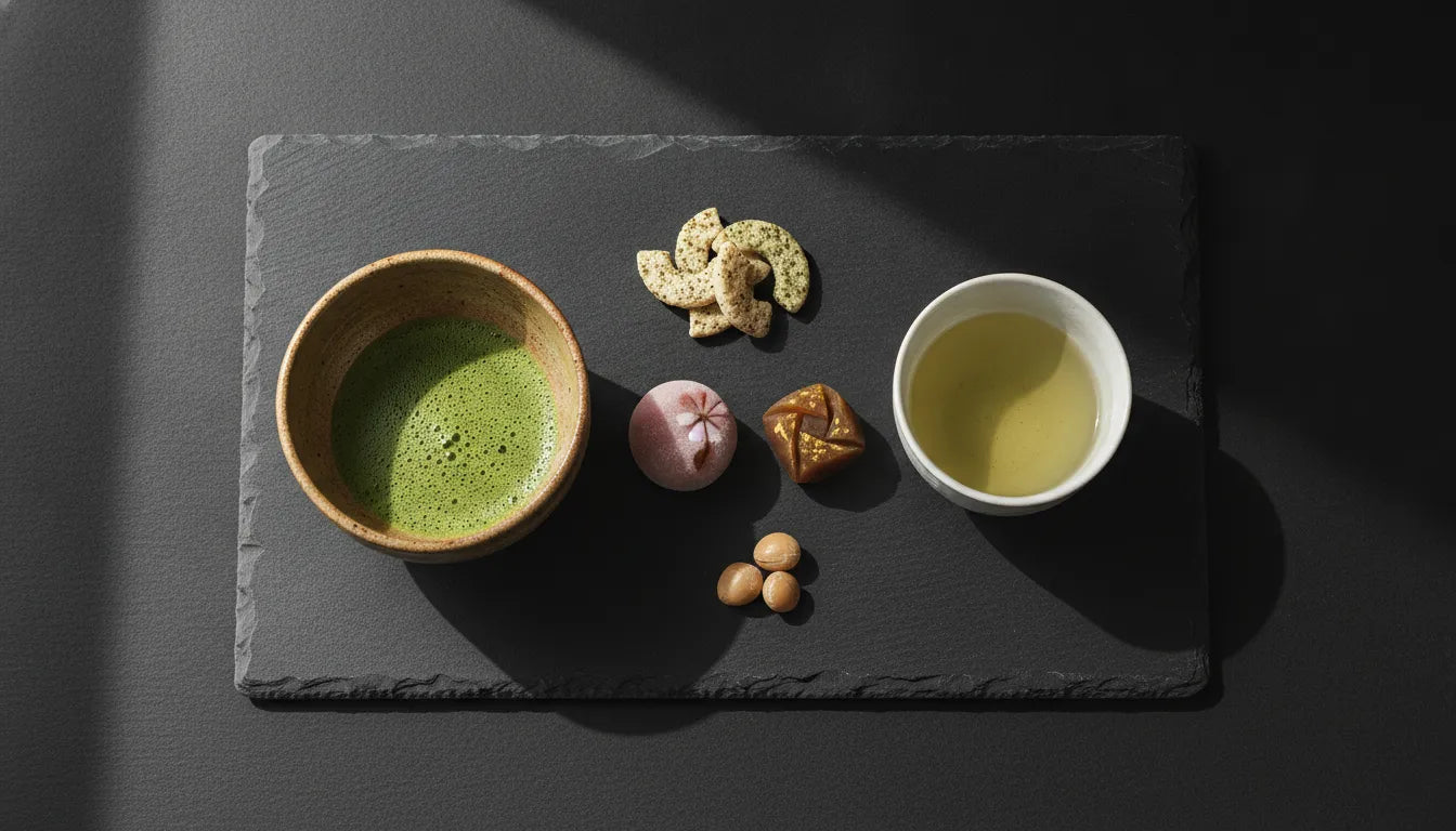 A curated Japanese green tea and matcha food pairing session on dark slate.