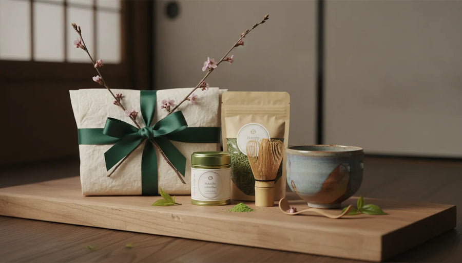 Japanese tea gifts with matcha, green tea, and tea accessories