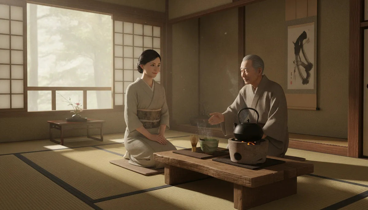 A tea master preparing matcha in a serene Japanese tea house
