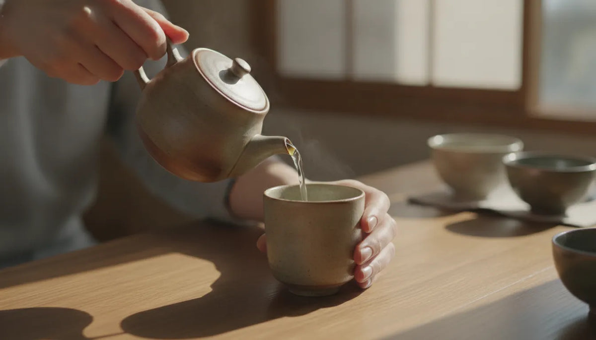 A Japanese tea ritual with a ceramic teapot, cups, and loose tea