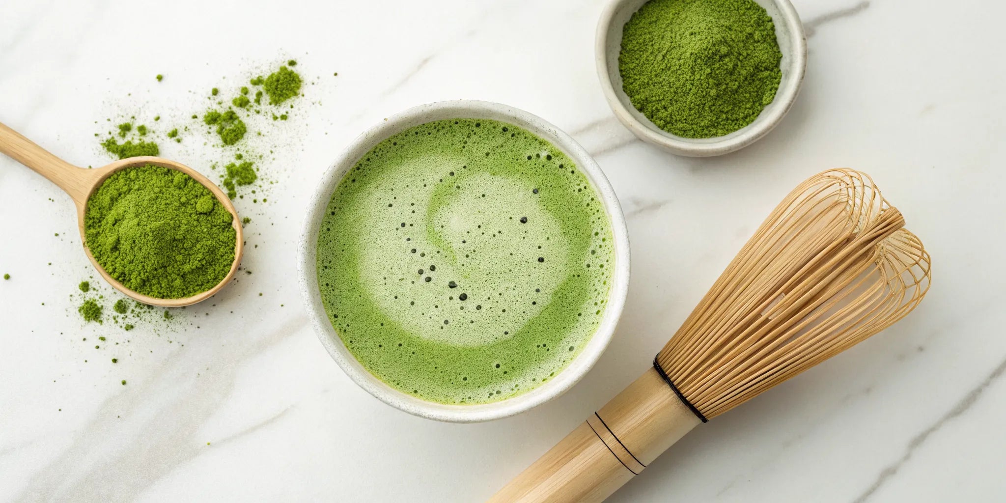 A beginner's matcha preparation set with a bamboo whisk and a freshly made bowl of matcha.