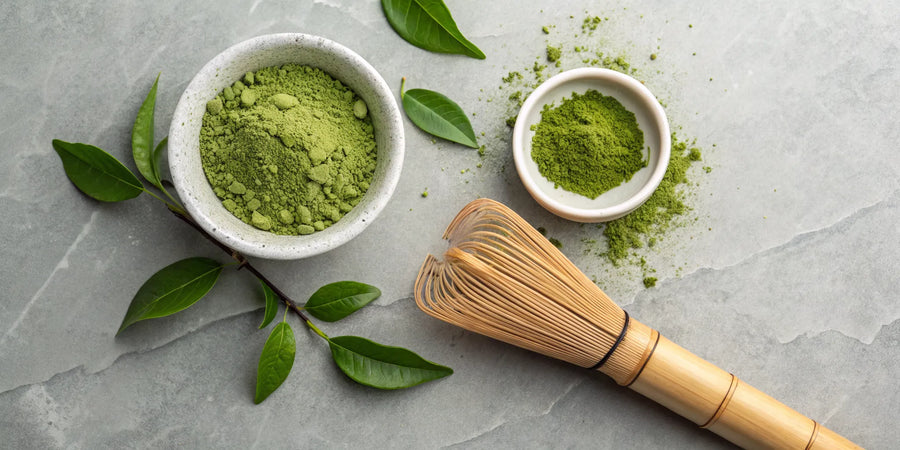 Preparing a bowl of matcha with a traditional bamboo whisk and vibrant green powder.