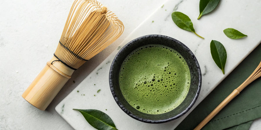 A bowl of matcha prepared with a traditional bamboo whisk.