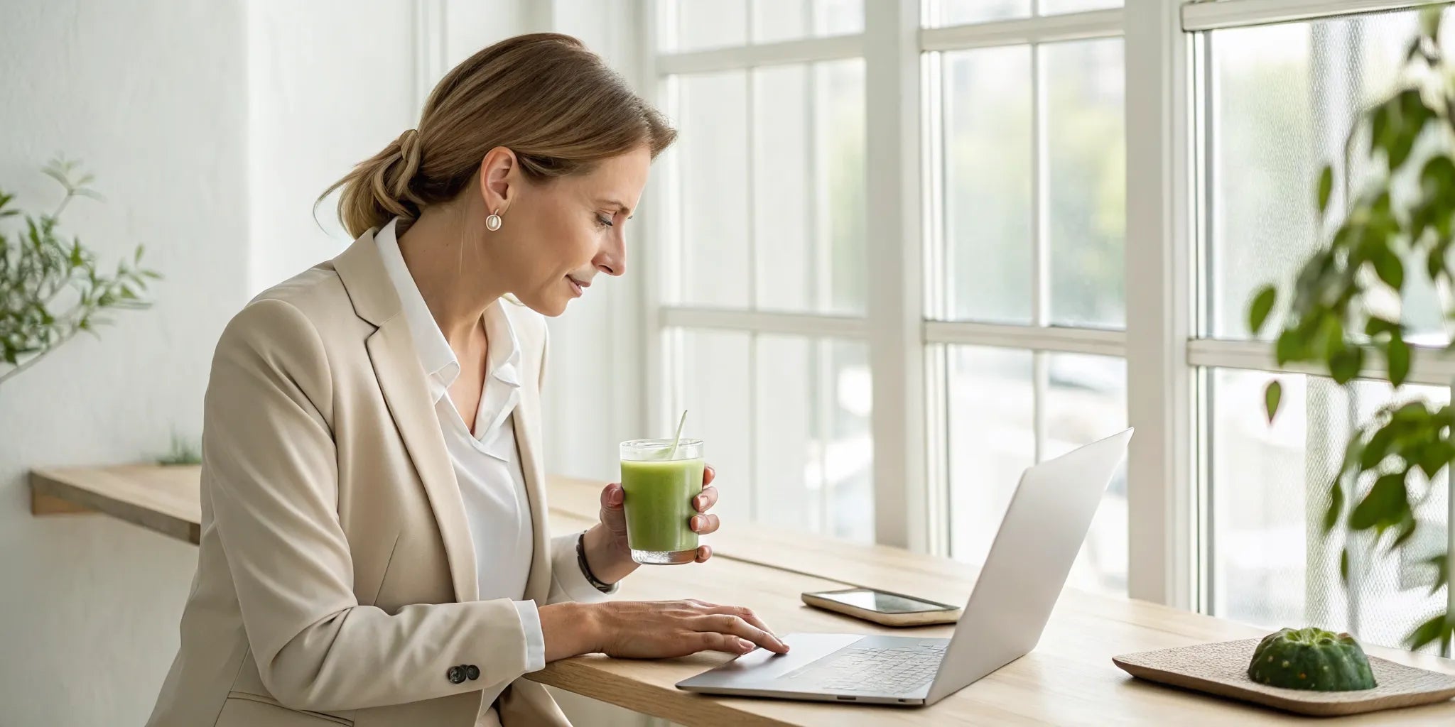 Woman drinking matcha while working, a daily ritual for female health, energy, and focus.