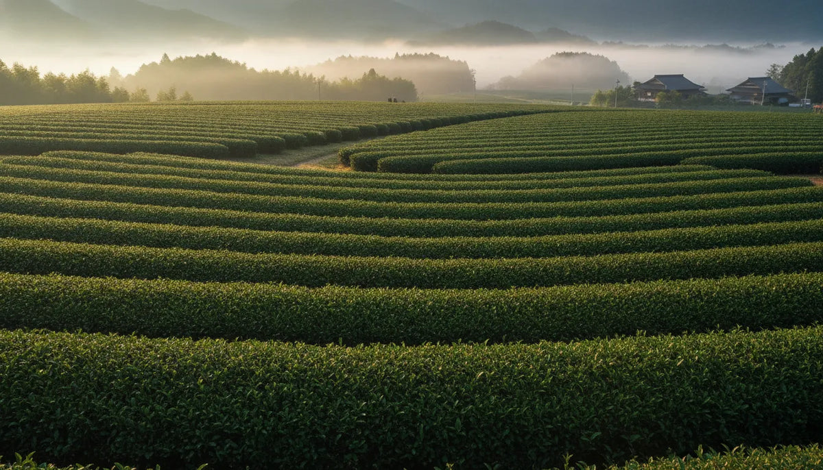 Matcha farms in Japan with neat tea rows beneath the morning mist