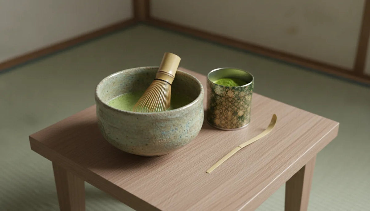 Matcha subscription ritual with a Japanese tea bowl, bamboo whisk, and matcha tin