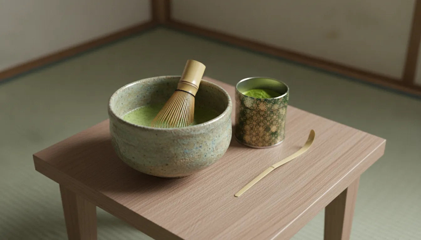Matcha subscription ritual with a Japanese tea bowl, bamboo whisk, and matcha tin