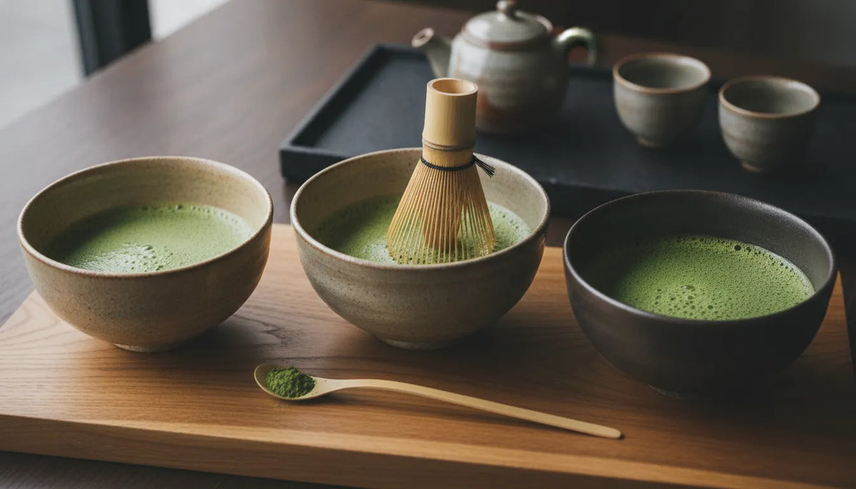 Three bowls arranged for a professional matcha tasting