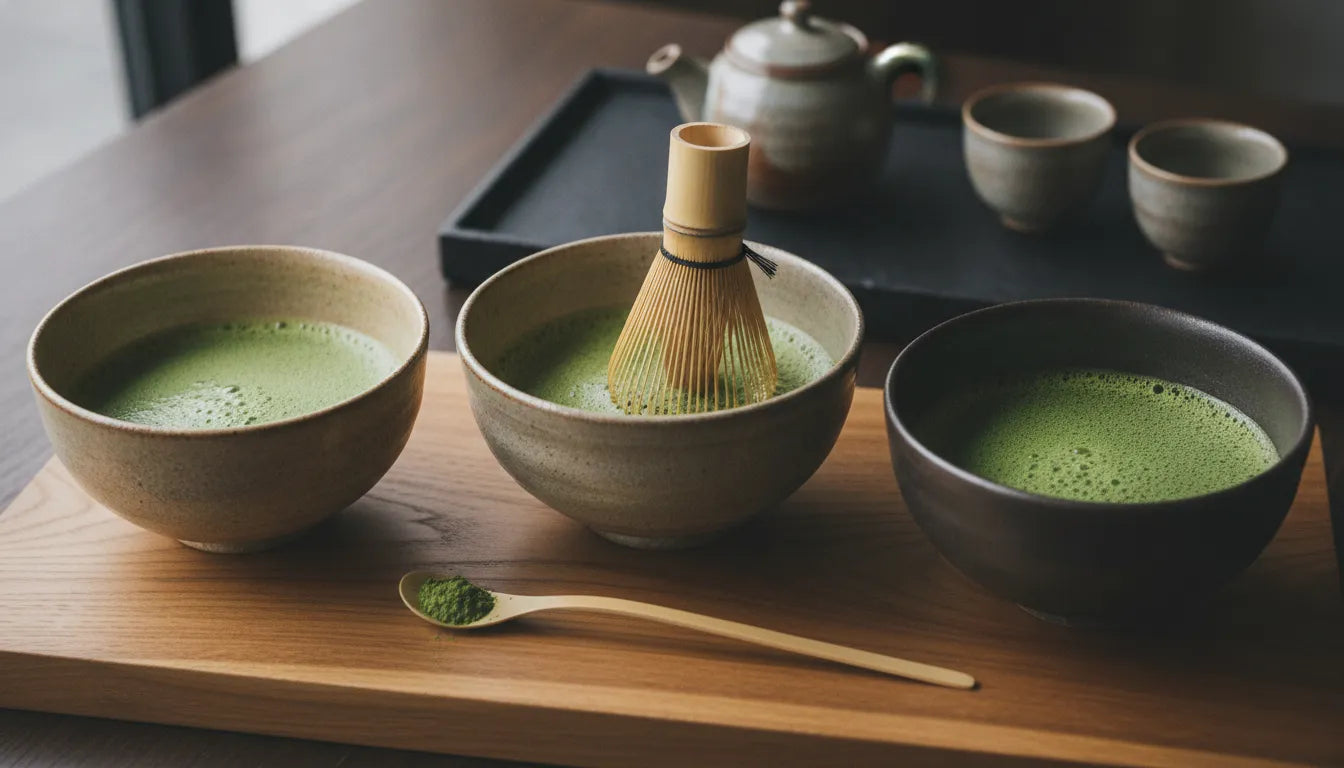 Three bowls arranged for a professional matcha tasting