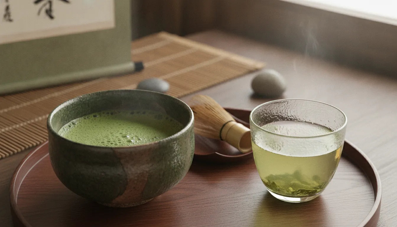Ceremonial matcha in a traditional tea bowl next to a cup of brewed Japanese sencha green tea