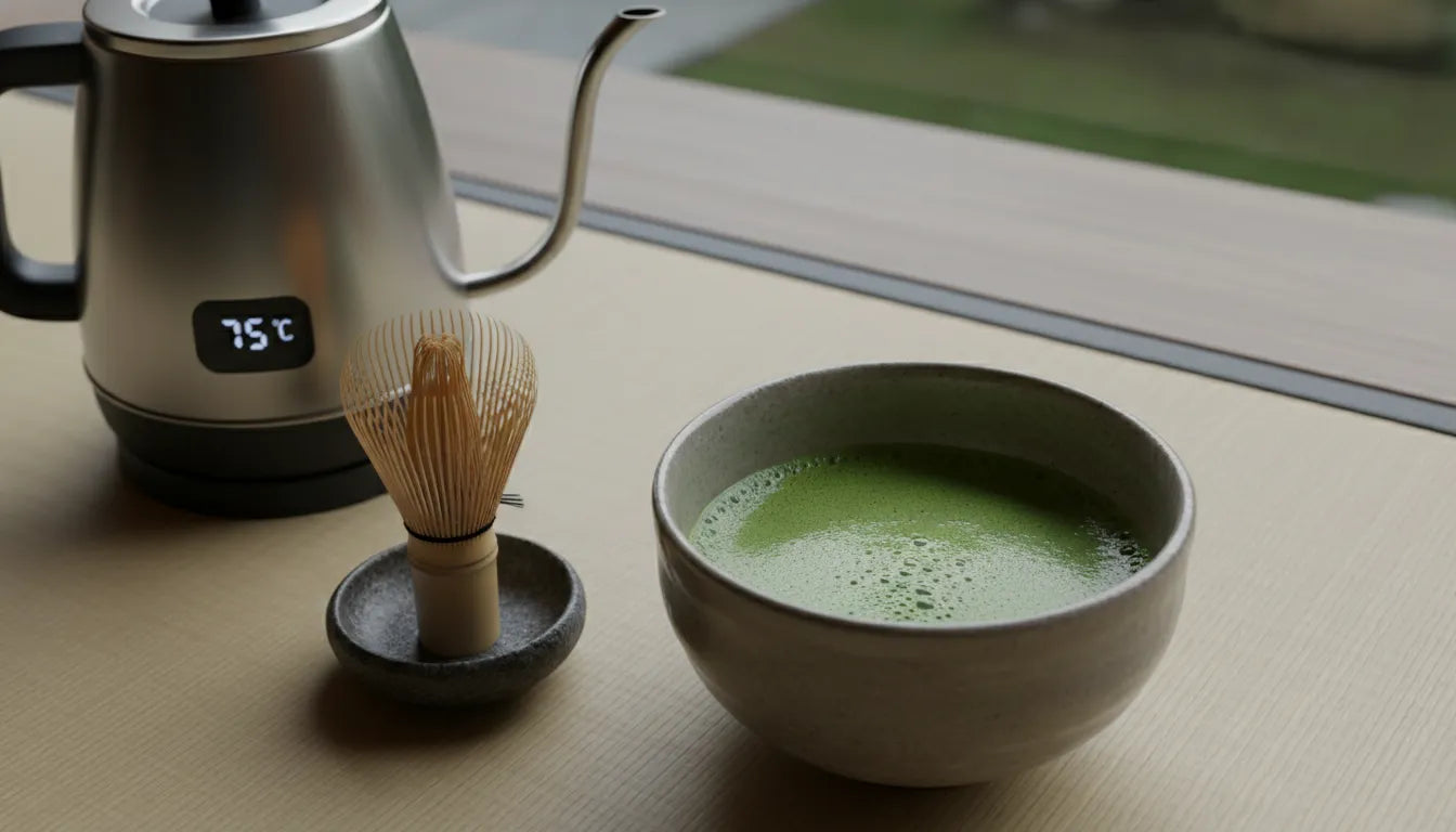 Matcha bowl, bamboo whisk, and kettle for controlling matcha water temperature