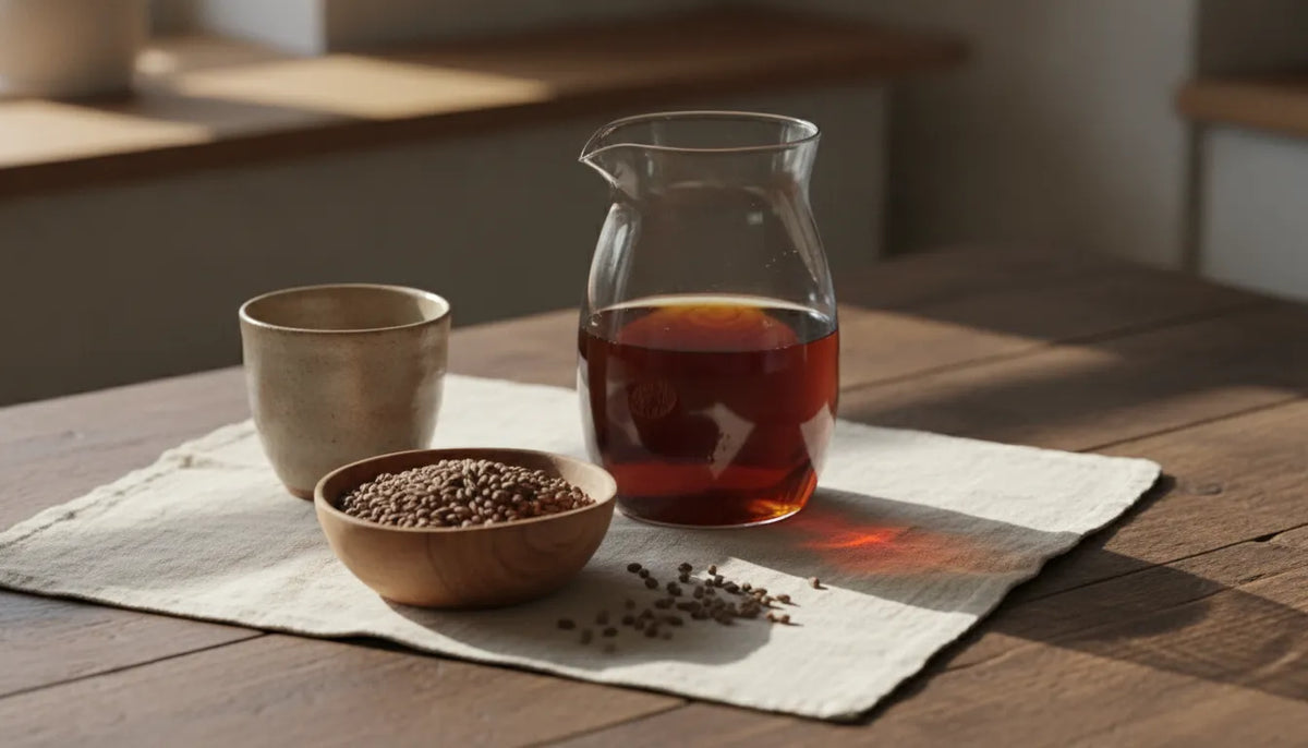 Glass pitcher and ceramic cup of roasted barley infusion on a Japanese tea table