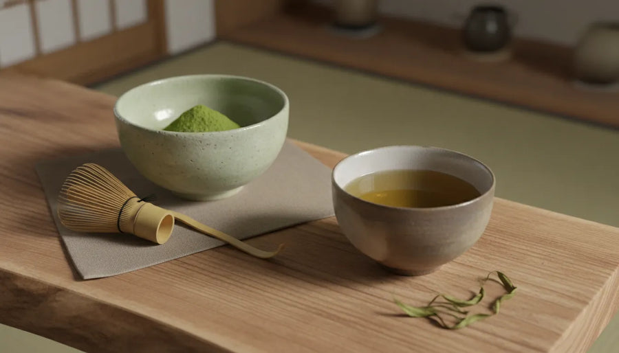 Matcha powder with bamboo whisk and brewed sencha tea side by side on wooden table