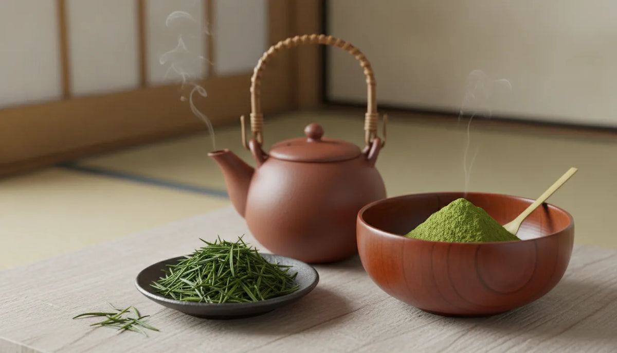 Sencha leaves and matcha powder arranged for Japanese tea rituals