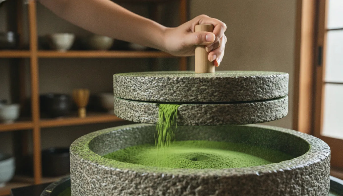 Matcha being slowly milled in a Japanese tea workshop