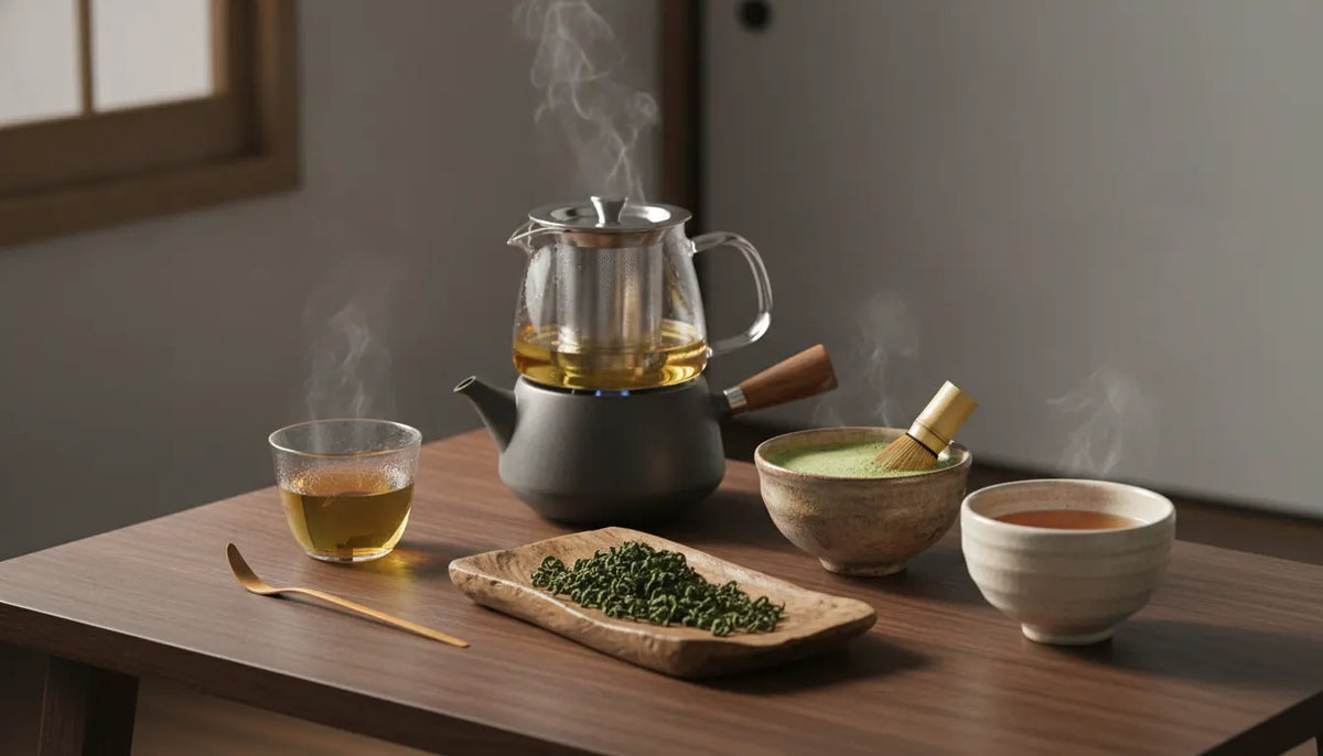 Tea brewing guide setup with Japanese tea, kyusu, kettle, and matcha bowl