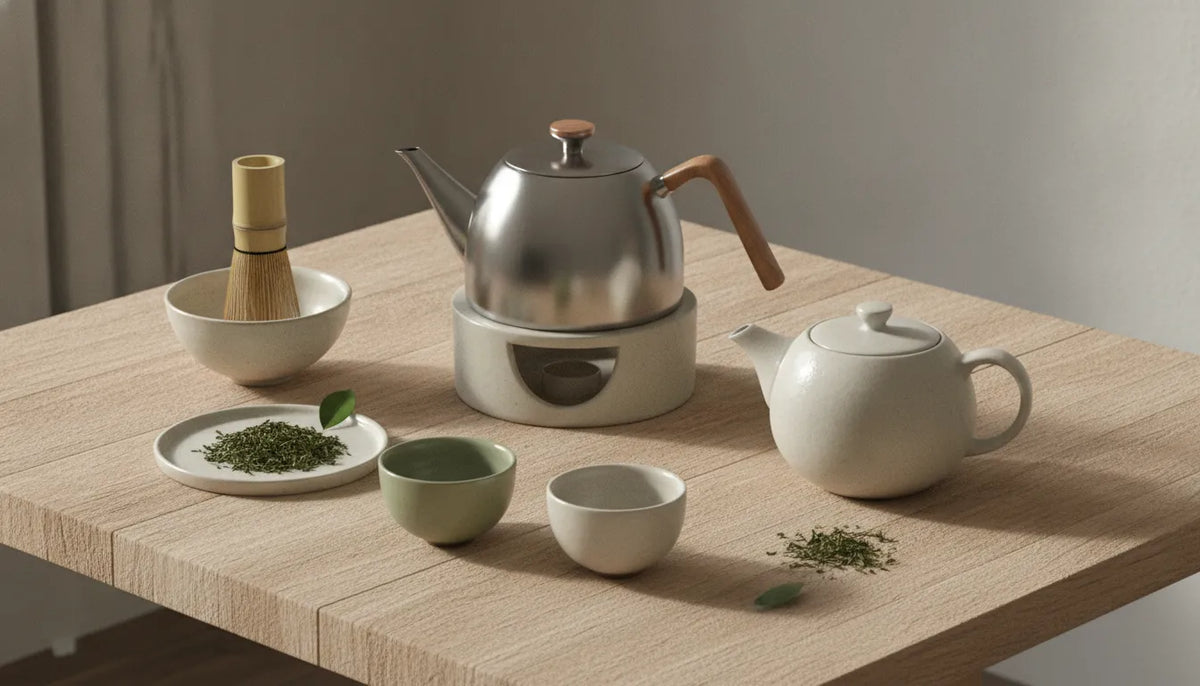 Tea kettle beside Japanese green tea tools on a quiet tea table
