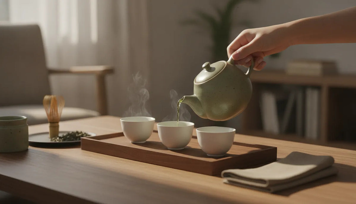 Ceramic teapot, tea cups, and tray arranged for serving guests