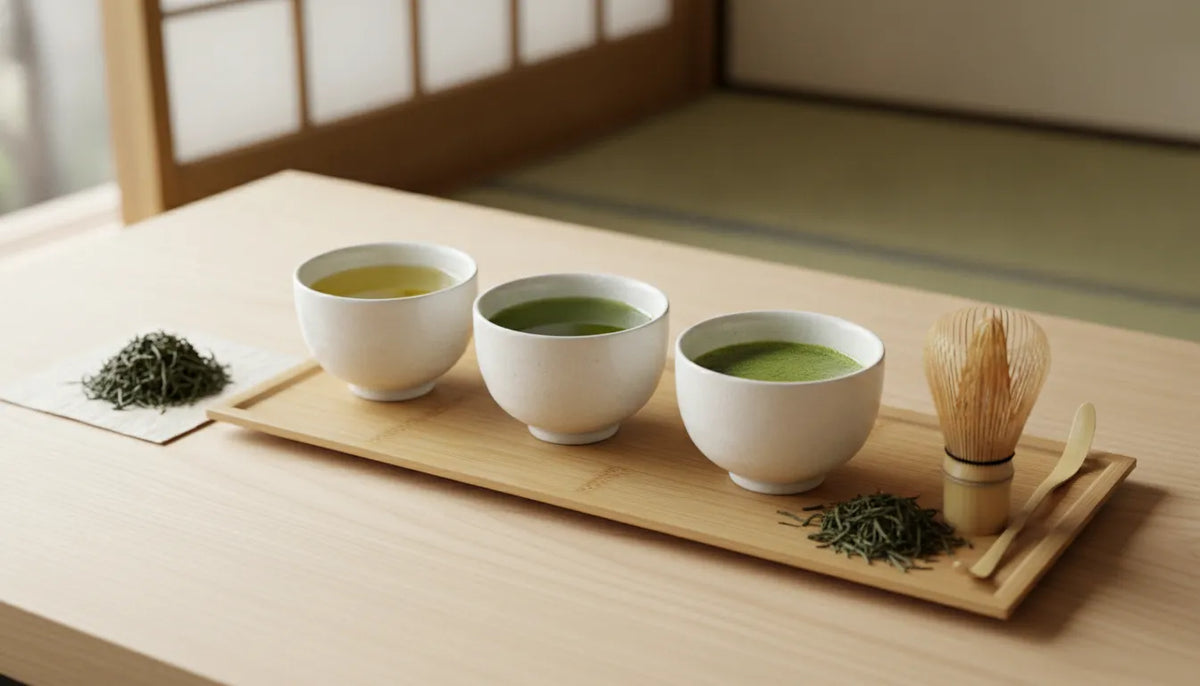 Japanese green tea tasting flight with loose tea leaves