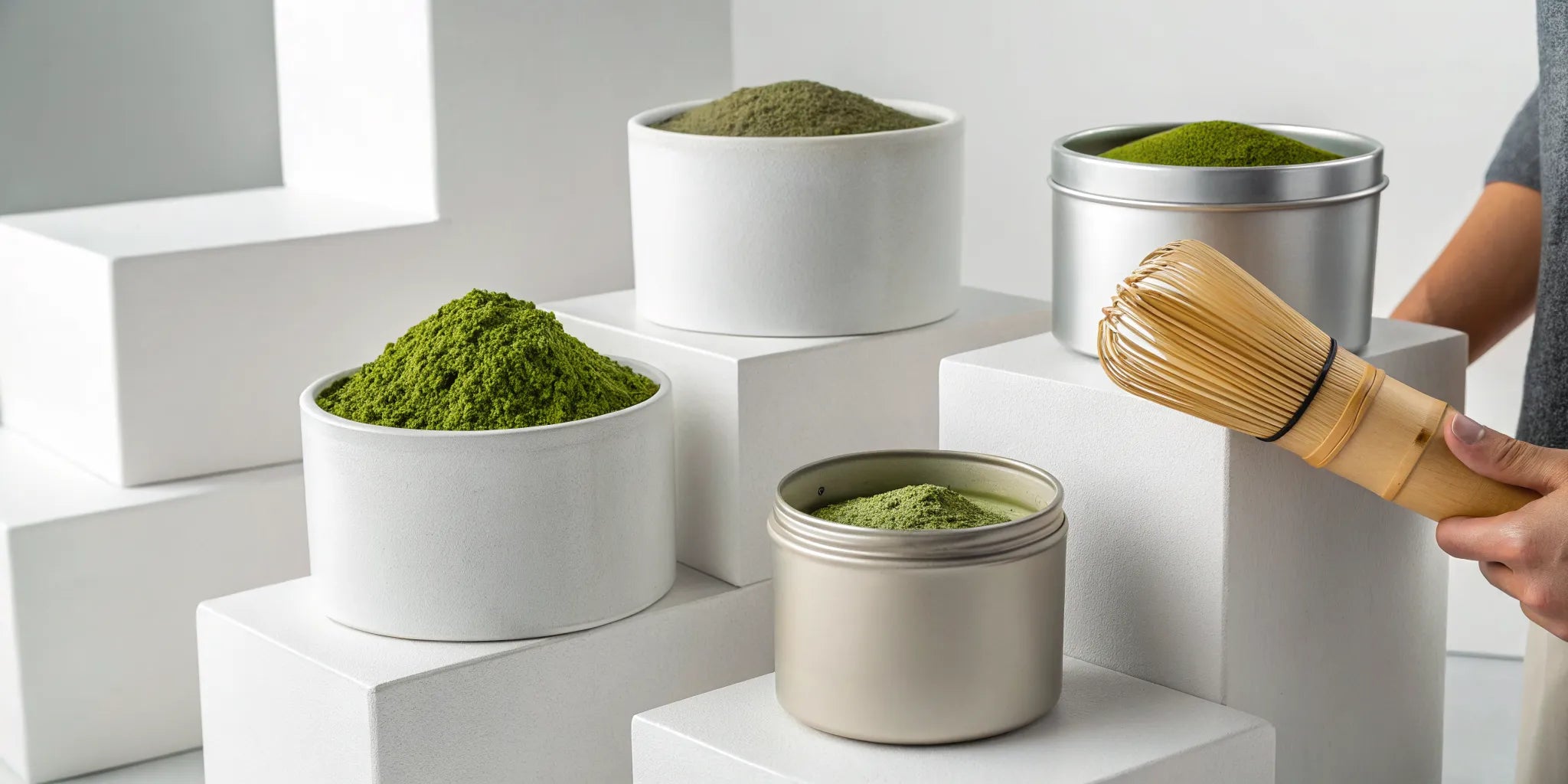 A selection of the best matcha powders arranged for review.