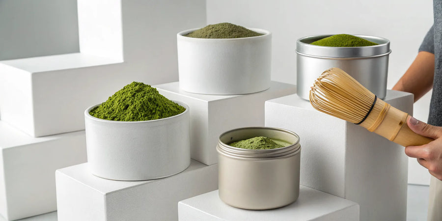 A selection of the best matcha powders arranged for review.