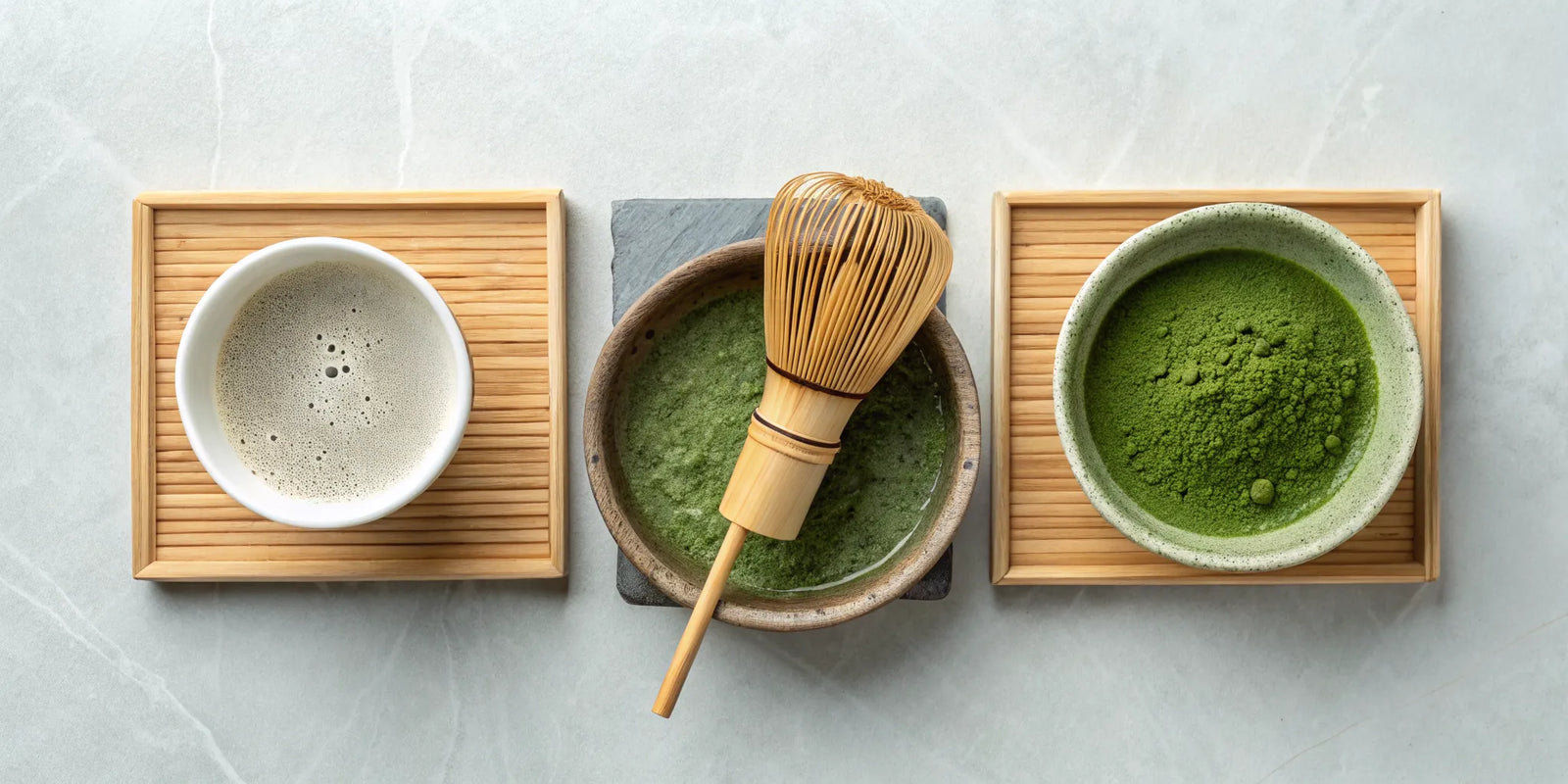 A complete matcha gift set with a bamboo whisk, tea bowl, and matcha powder.