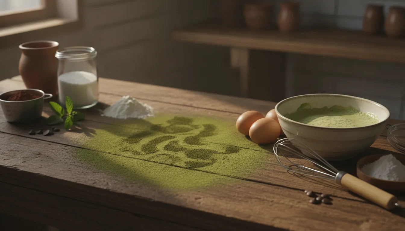 Matcha powder on a wooden kitchen counter surrounded by baking ingredients and a whisk