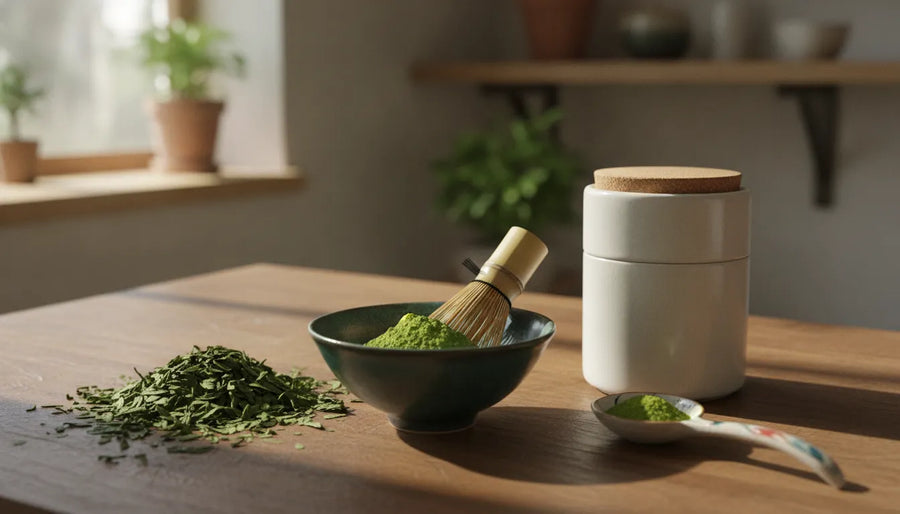 Japanese green tea leaves and matcha powder beside a ceramic tea caddy in soft light