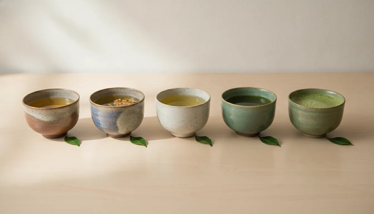 Five traditional Japanese tea cups arranged in a row showing different shades of green tea