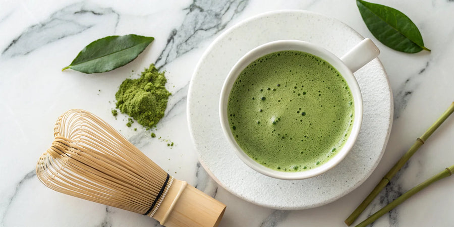 A bowl of frothy matcha with a traditional bamboo whisk and matcha powder.