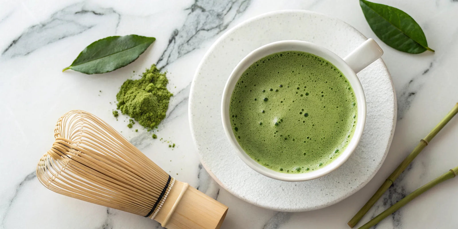 A bowl of frothy matcha with a traditional bamboo whisk and matcha powder.