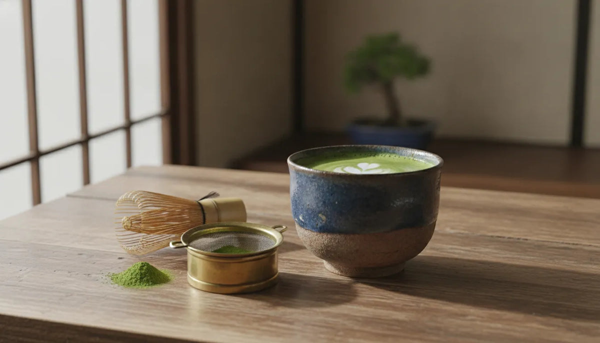 Ceremonial matcha latte in a ceramic cup with bamboo whisk and sifter on a wooden table