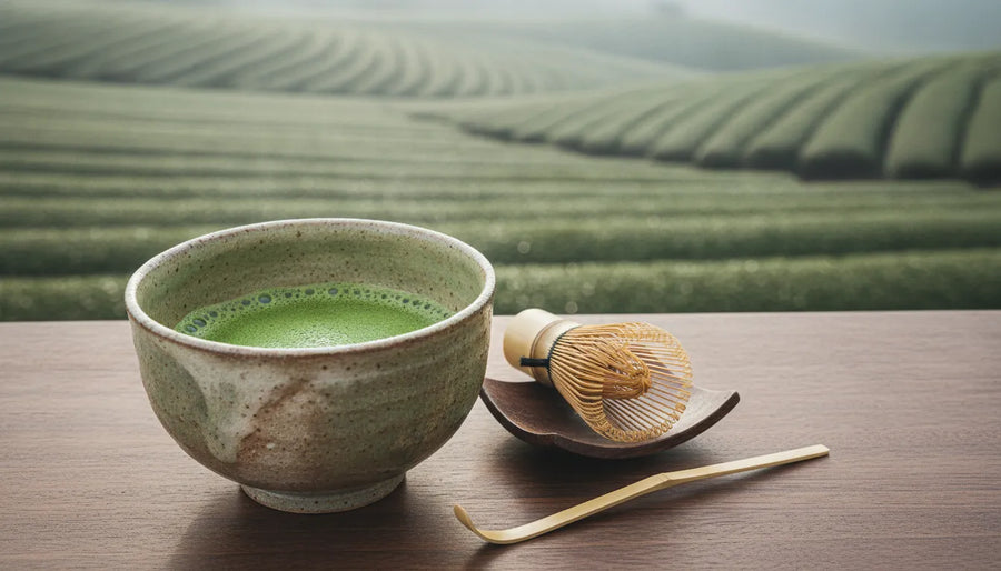 Whisked Uji matcha in a ceramic bowl with a bamboo whisk