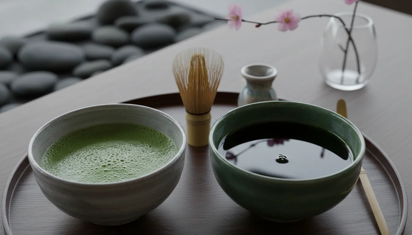 Bowls of frothy usucha and thick koicha matcha
