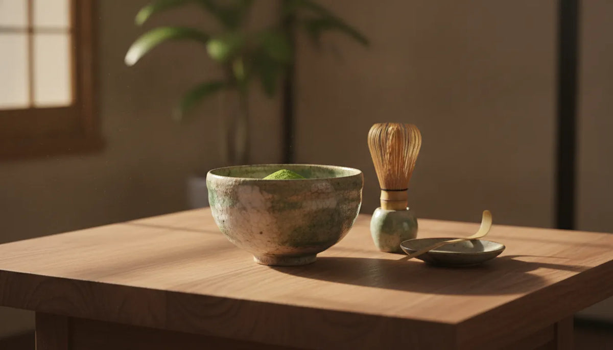 Handmade Japanese chawan with a bamboo whisk on a tea table