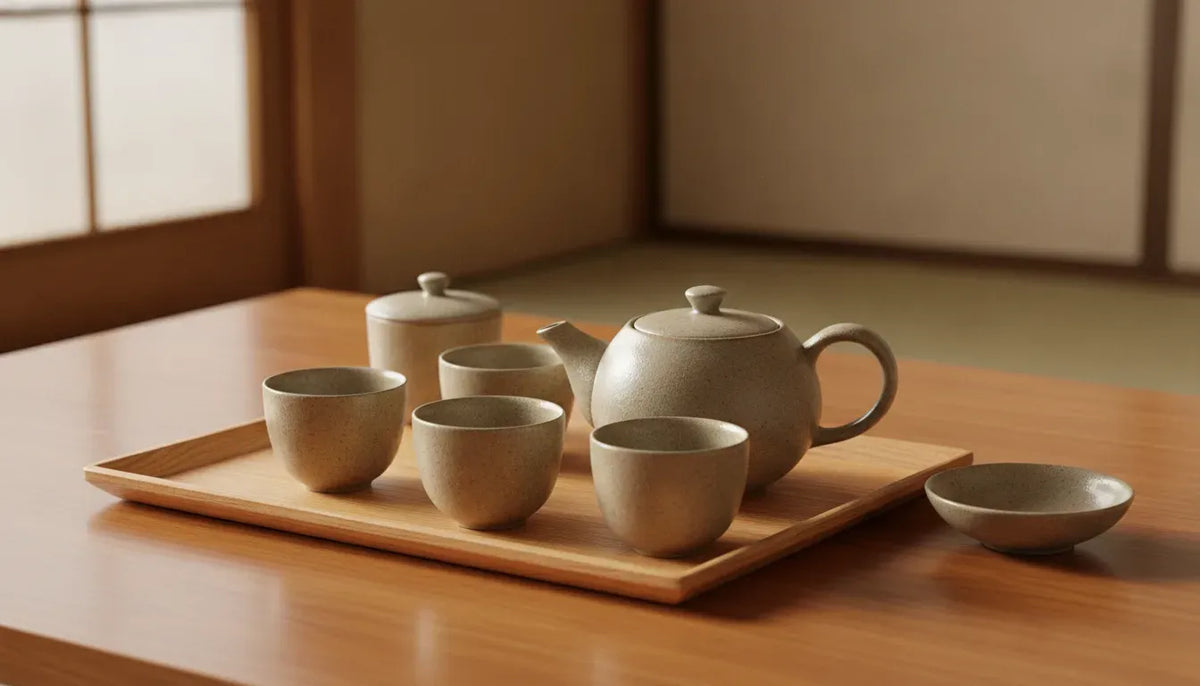 Japanese tea set with ceramic teapot, yunomi cups, serving tray, and tea accessories