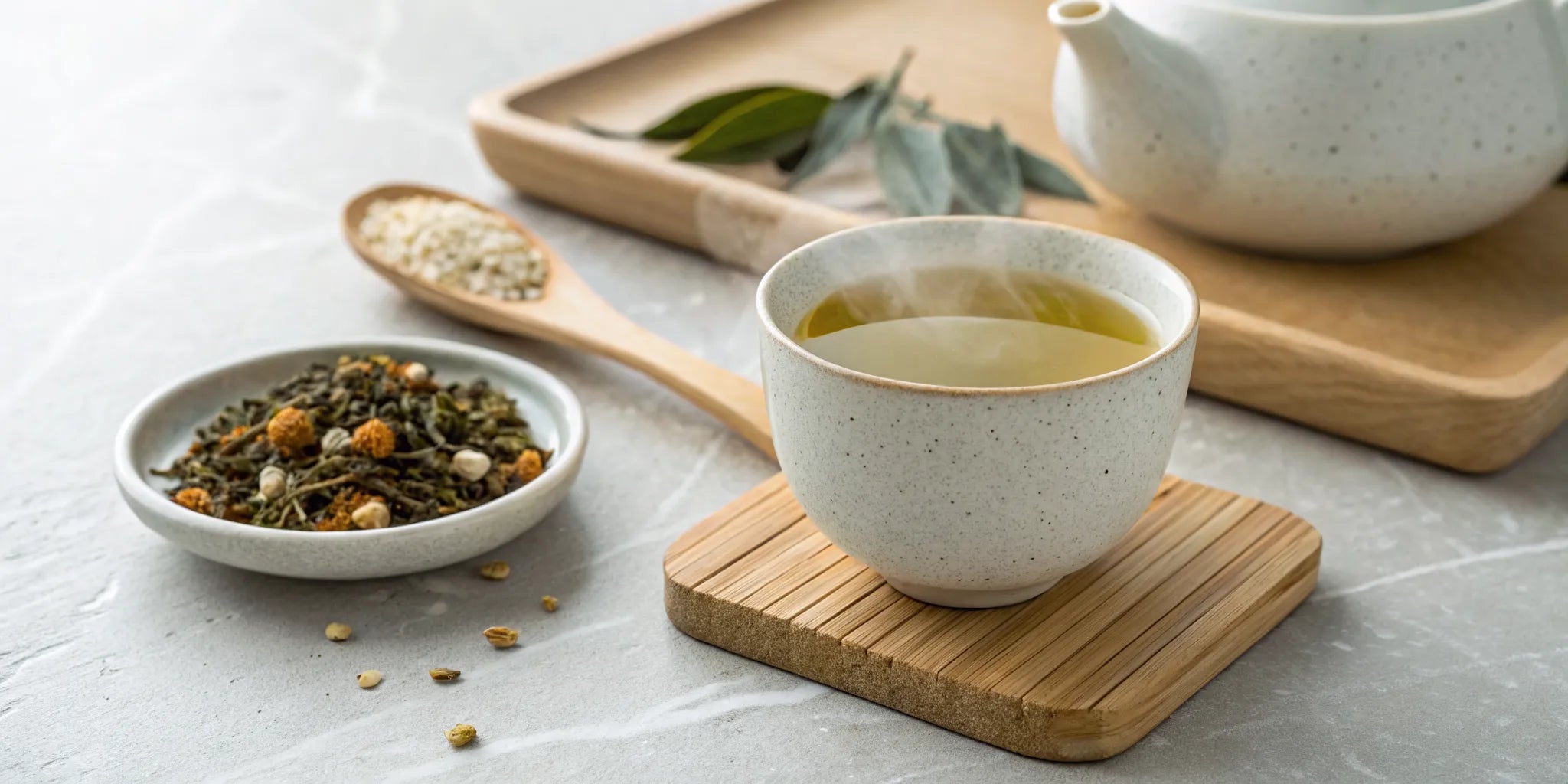 A steaming cup of genmaicha with loose tea leaves and roasted rice.