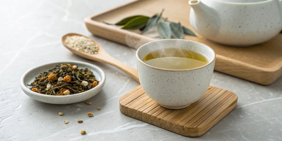 A steaming cup of genmaicha with loose tea leaves and roasted rice.