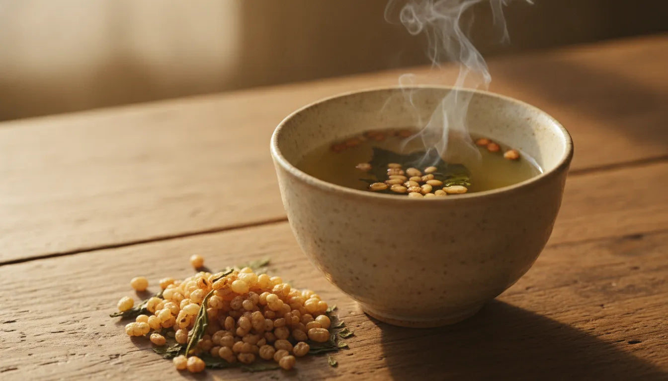 Close up of a cup of genmaicha tea with steam rising, roasted brown rice kernels alongside