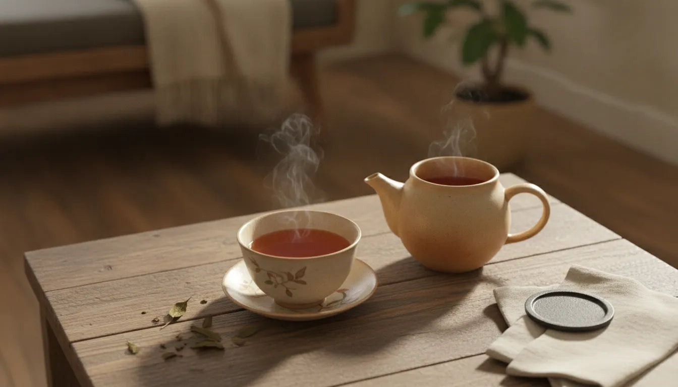 A warm cup of amber hojicha tea on a wooden table with steam rising