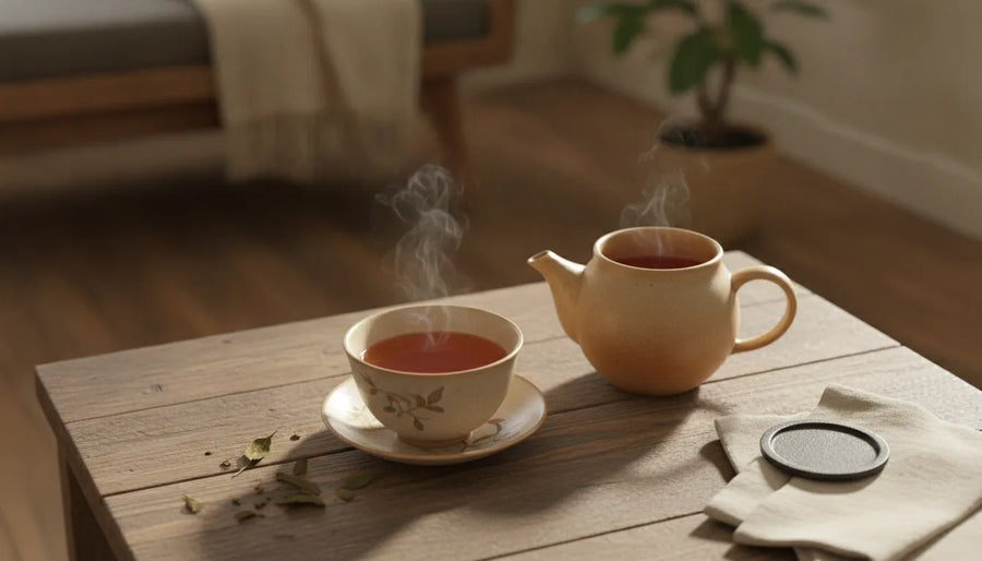 A warm cup of amber hojicha tea on a wooden table with steam rising