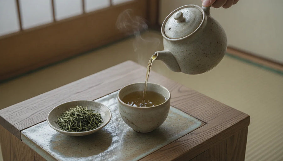 A Japanese kyusu teapot pouring golden-green karigane tea into a ceramic cup, surrounded by dry tea stems