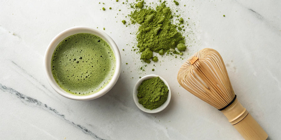 A bowl of prepared matcha next to a bamboo whisk and matcha powder.