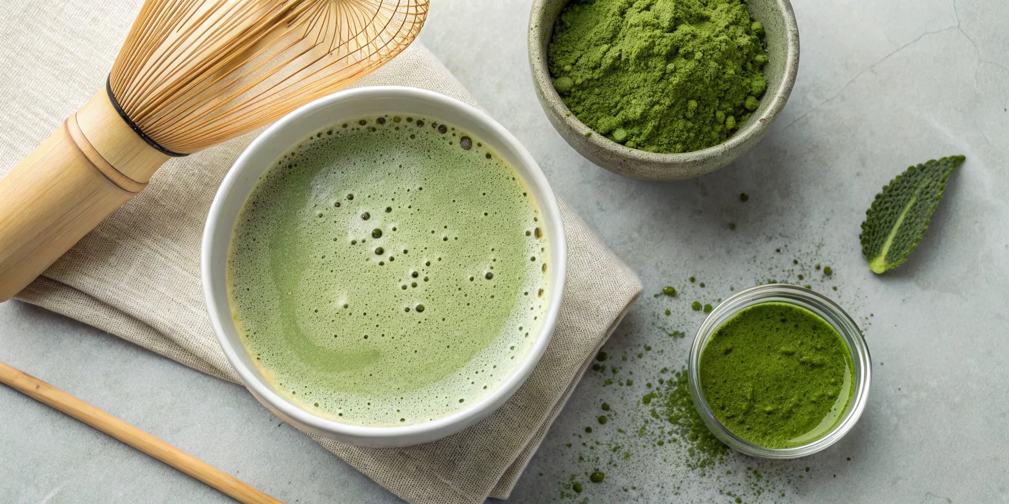 Bowl of frothy matcha, a bamboo whisk, and vibrant green matcha powder.