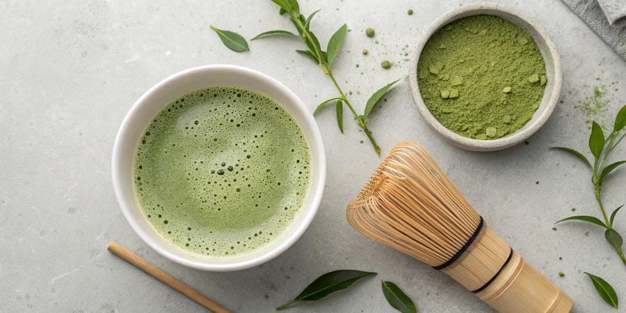 A traditional matcha set with a bamboo whisk, bright green powder, and a prepared bowl of tea.